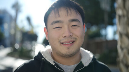 Young chinese man smiling confident standing at street