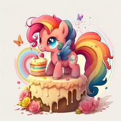 Naklejka premium Invitation card with a little pink pony and a birthday cake. Generative AI