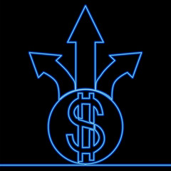 Continuous line drawing dollar money rate increase icon neon glow vector illustration concept