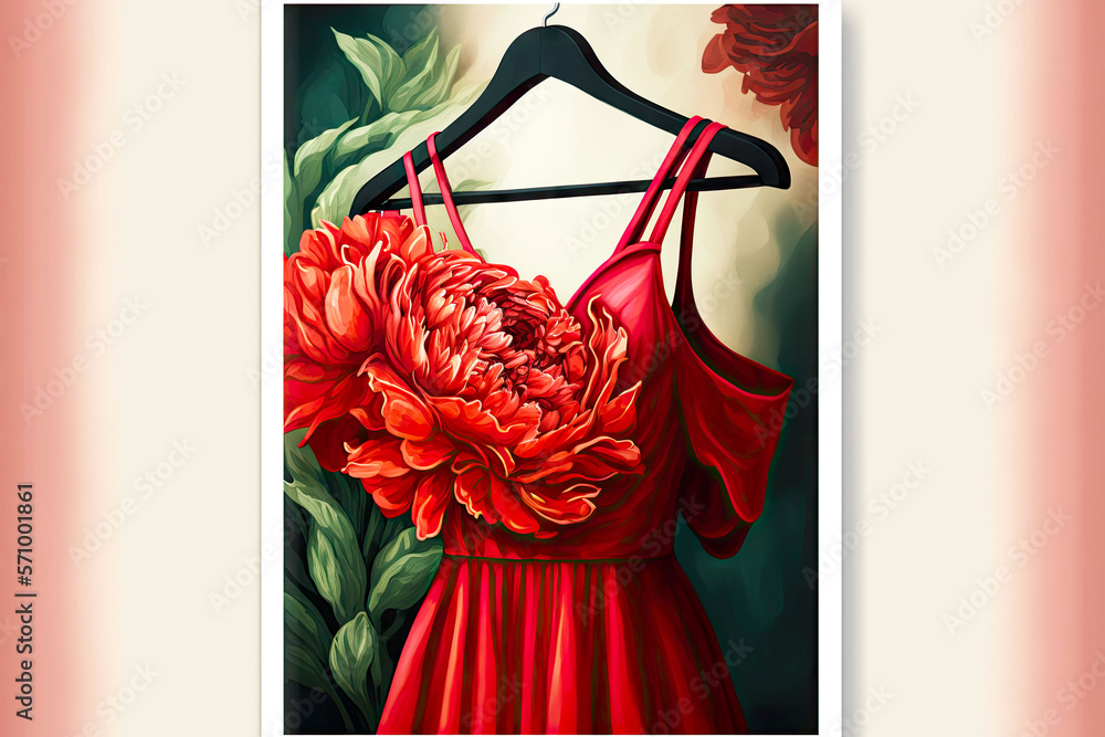 Wall mural red dress on a hanger in the store on peony background, generative ai