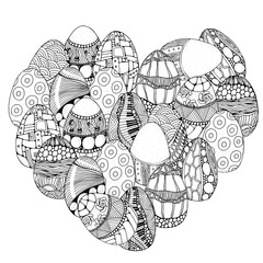 Heart shape pattern with Easter eggs. Pattern for adult coloring book. Easter hand-drawn decorative elements in vector. Black and white.