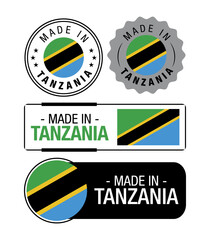 Set of Made in Tanzania labels, logo, Tanzania Flag, Tanzania Product Emblem