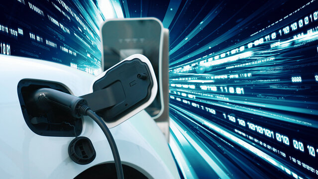 Progressive abstract of electric car with power cable plug from charging station with technology background of binary code flying through votex. EV car concept with modern technology. - Powered by Adobe