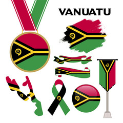 Elements Collection With The Flag of Vanuatu Design Template. Vanuatu Flag, Ribbons, Medal, Map, Grunge Texture and Button. Vector Illustration