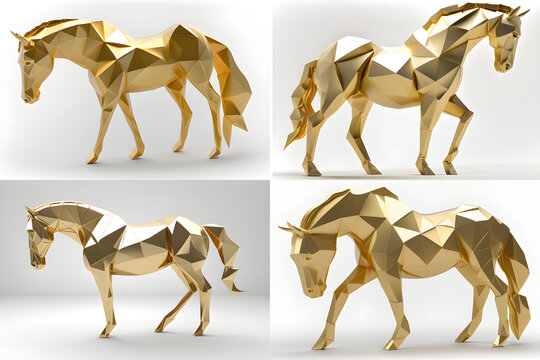 AI Generated, Animal chinese zodiac (with others) in 3D low poligon model with gold color material on the white background.