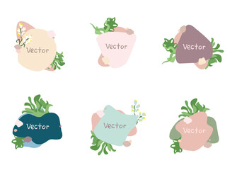 Vector set of backgrounds in simple abstract style and empty frame for text decorated with leaves, plants and flowers for flyer, wedding invitations, social networks