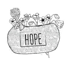 Sticker with "hope" written on it. Spring flowers taped on something. Adult coloring book. Black and white.