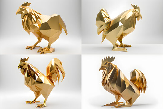 AI Generated, Animal chinese zodiac (with others) in 3D low poligon model with gold color material on the white background.