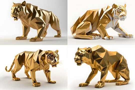 AI Generated, Animal chinese zodiac (with others) in 3D low poligon model with gold color material on the white background.