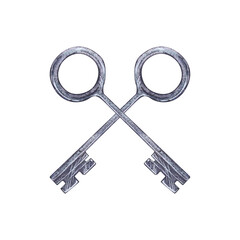 Two antique metal keys criss-cross. Hand drawn watercolor illustration isolated on white background.
