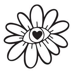 Hand drawn flower head with an psychedelic eye inside,line design vector illustration in cartoon style