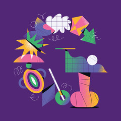 Letter G. Artistic colorful illustration. Trendy vector art. Abstract composition with fun and geometric shapes. Crazy design. Cartoon style. Doodle art. Creative card for decoration. Happy elements.