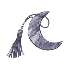 Metal crescent with keychain. Sign. Pendant. Hand drawn watercolor illustration isolated on white background. © XeniaDenisova