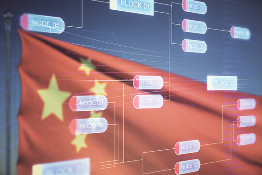 Multi exposure of abstract programming language hologram on flag of China and blue sky background, artificial intelligence and machine learning concept