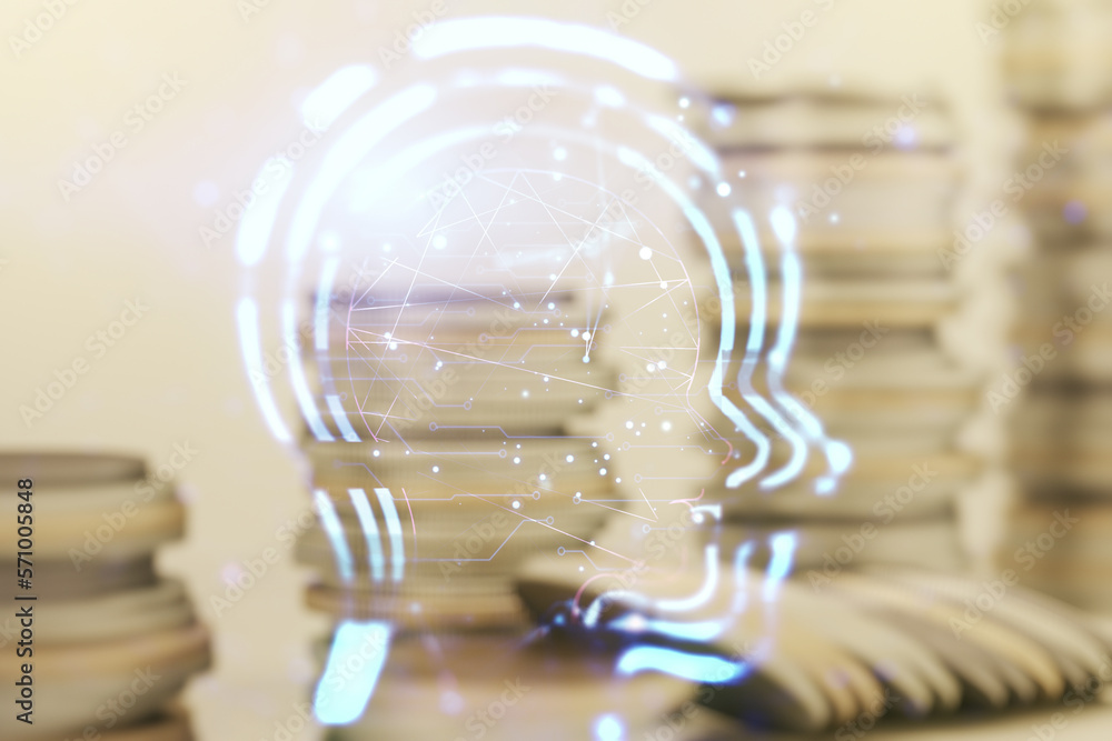 Aufkleber abstract virtual artificial intelligence concept with human head sketch on coins background. double 