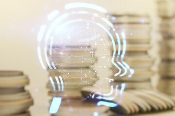 Abstract virtual artificial Intelligence concept with human head sketch on coins background. Double...