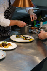The cook decorates an exquisite dish.