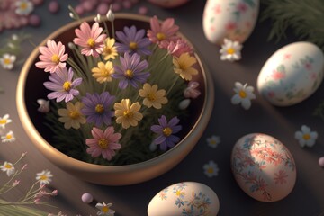 Easter eggs and spring flowers. Generative AI.
