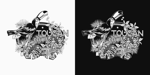 Ellipse label with toucan, lush tropical foliage, leaves, flowers. Bird sitting on branch and eating seeds. Detailed illustration on white, dark background for prints, clothing, t shirt