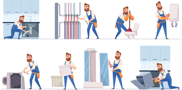 Plumber working. Repair man service fixing washing machine and home appliances exact vector cartoon pictures