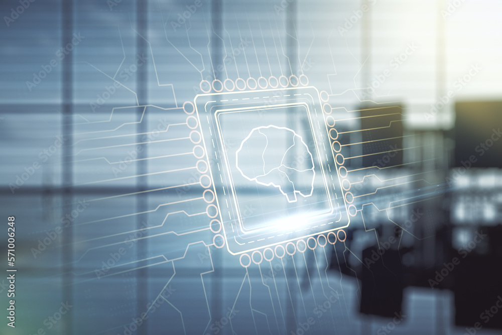 Poster double exposure of creative artificial intelligence interface on a modern meeting room background. n