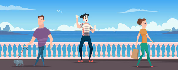 Mime actors. Performance show background funny actors on the street exact vector cartoon template - obrazy, fototapety, plakaty