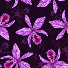 Seamless pattern with Cattleya Orchid flower on dark background. SIlhouette of orchidea behind. © OA_Creation
