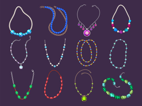 Necklace beads. Woman luxury jewelry collection various gemstones crystals diamonds and pearls recent vector cartoon illustrations