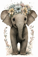 Baby elephant with a crown of flowers watercolor, Generative AI