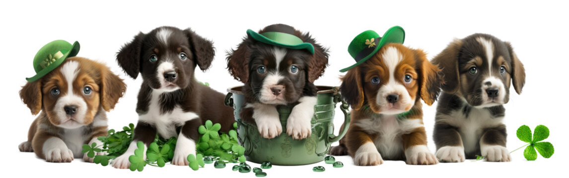 Cute St. Patrick's Day Puppies: Many Adorable Puppies of Different Breeds Celebrating St Patty's Day With Shamrock Four Leaf Clovers and Green leprechaun Hats Isolated on White Background