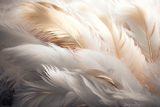 Soft and fluffy background, bird feathers, white and gold pastel colored feathers. AI