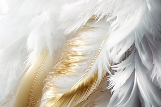 Soft and fluffy background, bird feathers, white and gold pastel colored feathers. AI