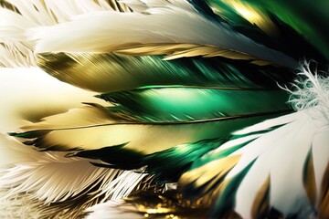 Soft and fluffy background, bird feathers, green and gold pastel colored feathers. AI
