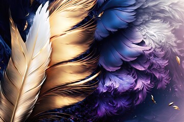 Soft and fluffy background, bird feathers, blue and purple and gold pastel colored feathers. AI
