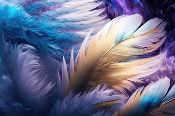 Soft and fluffy background, bird feathers, blue and purple and gold pastel colored feathers. AI