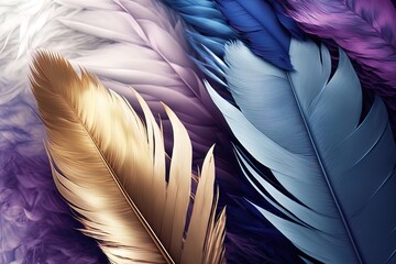 Soft and fluffy background, bird feathers, blue and purple and gold pastel colored feathers. AI