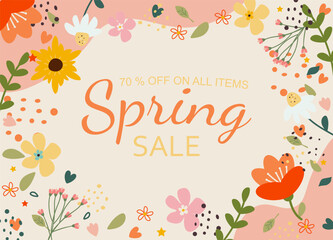 Spring sale. Banner with spring composition. Multicolored banner with spring discounts. Vector