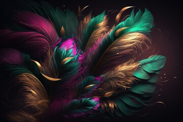 Soft and fluffy background, bird feathers, magenta, green and gold feathers. Neon background. AI