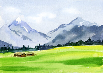 Watercolor alpine landscape, summer field and mountains, blue sky with clouds, hand-drawn sketch, illustration
