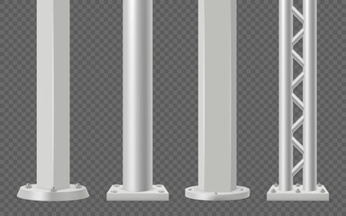 Metal columns. Realistic armored steel pipes street pillars decent vector 3d realistic templates