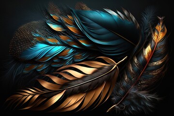 Soft and fluffy background, bird feathers, blue and gold feathers. Neon background. AI
