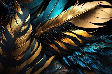 Soft and fluffy background, bird feathers, blue and gold feathers. Neon background. AI