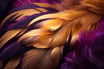 Soft and fluffy background, bird feathers, magenta and golden feathers. Neon background. AI