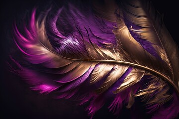 Obraz premium Soft and fluffy background, bird feathers, magenta and golden feathers. Neon background. AI