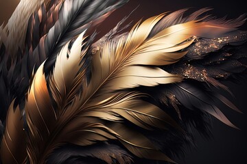 Soft and fluffy background, bird feathers, black and gold feathers. AI - obrazy, fototapety, plakaty