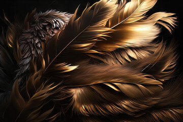 Soft and fluffy background, bird feathers, black and gold feathers. AI