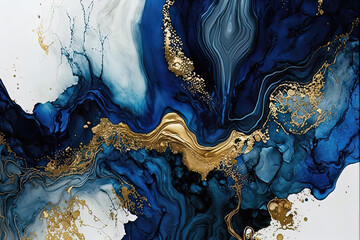 Blue and gold luxury liquid paint art background. AI