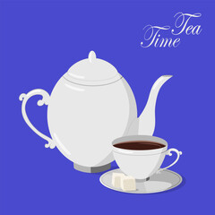 White porcelain teapot and teacup with sugar cubes on a blue background. Vector illustration of tea service items. Copy space.