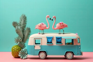 Happy flamingo couple going on vacation travel in minimalist concept, AI generated