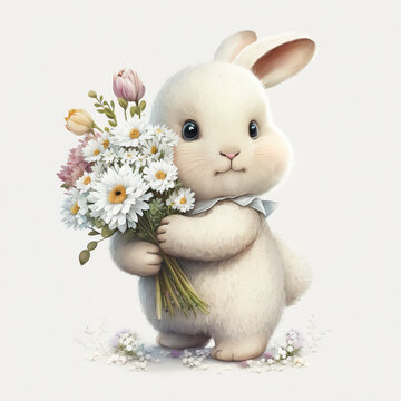 Cute bunny holding a bouquet of flowers. Generative AI